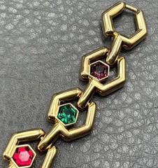 VTG 80s SWAROVSKI SWAN Gold Tone Hexagon Link Bracelet Green Purple Red Crystal