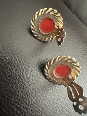 Vintage Bright Red Diamond Cut Plastic Button Clip On Earrings Gold Tone Setting