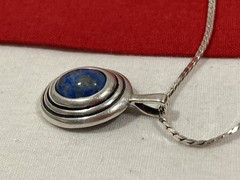 Vintage 925 Sterling Silver Signed Blue Agate Pendant & Chain Necklace 17.75”