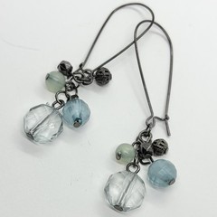 Vtg Blue Green Acrylic Beaded Dangle Drop Statement Earrings Long Hook Gunmetal