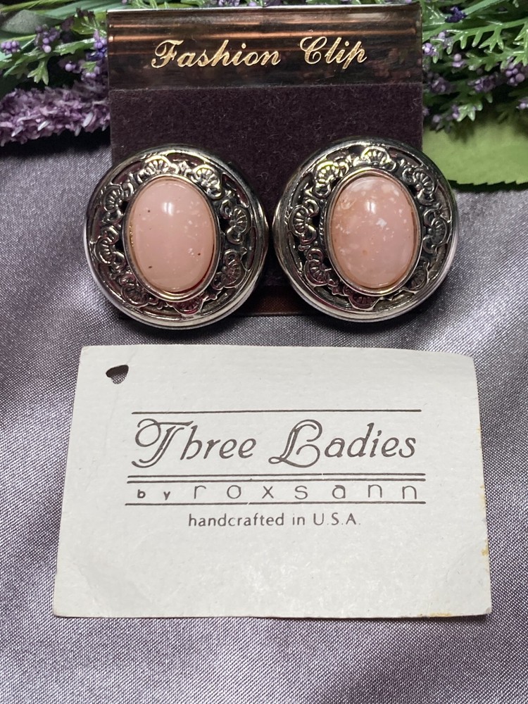 Three Ladies by roxsann Faux Rose Quartz Handcrafted Fashion Vintage Earrings