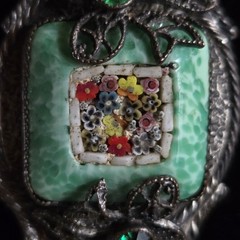 Antique Silver Tone Millefiori Micromosaic Brooch Pin Green Rhinestones Art Deco