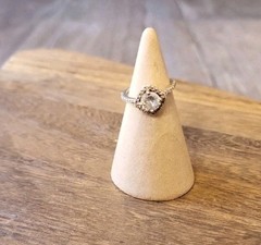 Vtg Gold Tone Engagement Ring, Clear Stone Halo Setting Pave Band, Size 4.25