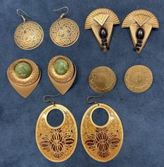 Vintage Brass Tone Statement Earrings Jewelry Lot 5 PR Pierced Black Green LG