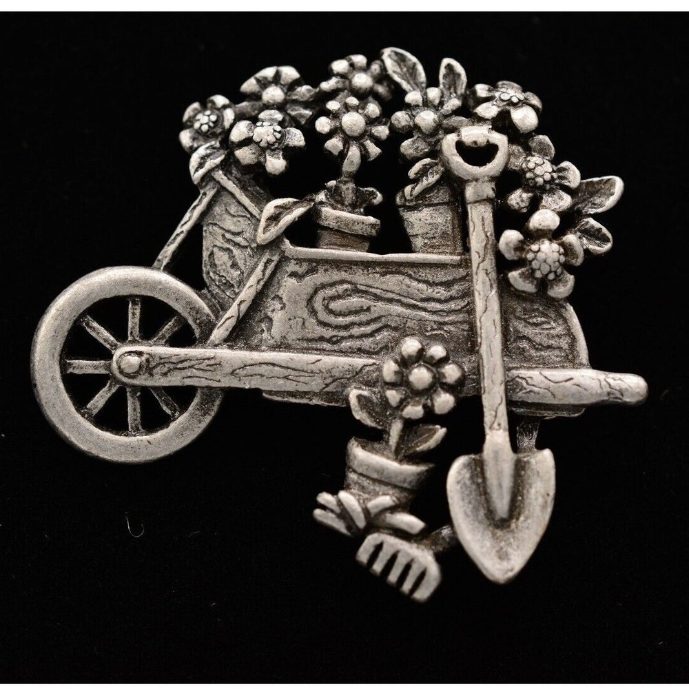 AJC Vintage Garden Pin Brooch Pewter Tone Cart Floral Signed NOS 1980s BinA9
