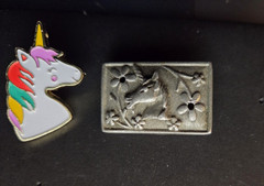 Lot of 2 UNICORN Pins Brooch Pinback Buttons Vintage Torino Pewter & Enamel