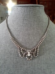 Prong set Clear Rhinestone Scalloped Style Necklace. Glamorous. Wedding 17 In.