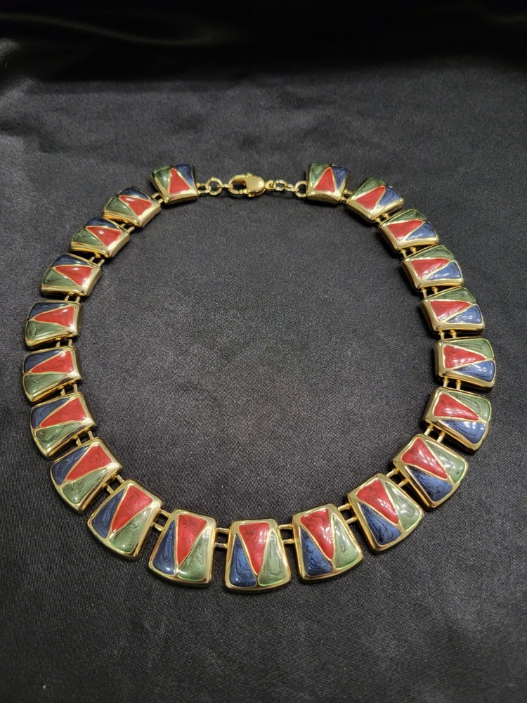 Vintage 1980s Gold Tone Enamel Geometric Panel Collar Choker Statement Necklace