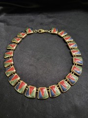 Vintage 1980s Gold Tone Enamel Geometric Panel Collar Choker Statement Necklace