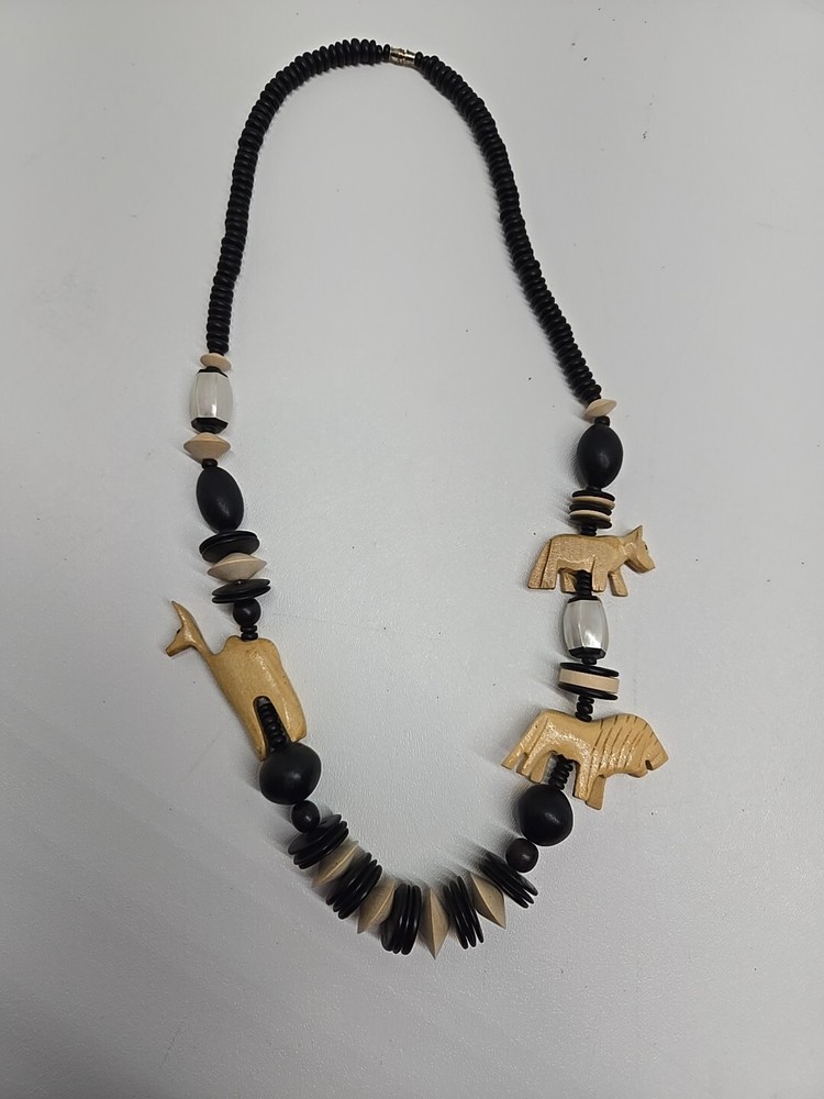 Vintage African Tribal Chunky Beaded Wood Hand Carved Safari Animal Necklace 28″