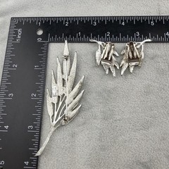 Vintage Judy Lee Brooch Clip On Earrings Set Silver Tone Leaf Signed