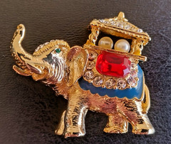 Elephant Brooch Gold Tone, Rhinestones, 2 Fauz Pearls, Green Eye, Blue Enamel