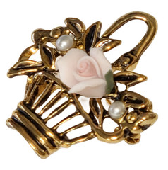 Vintage Gold Tone Pink Ceramic Carved Rose Glass Pearls Flower Basket Brooch