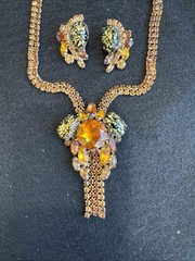 RARE Vintage Albert Weiss Cats Eye 19” Necklace Earring Set 1950’s