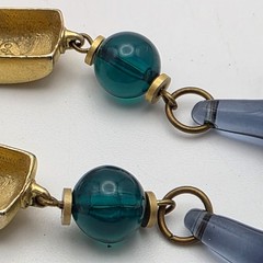 Vintage Signed MO Blue Glass Teardrop Dangle Earrings Gold Tone 2.5in