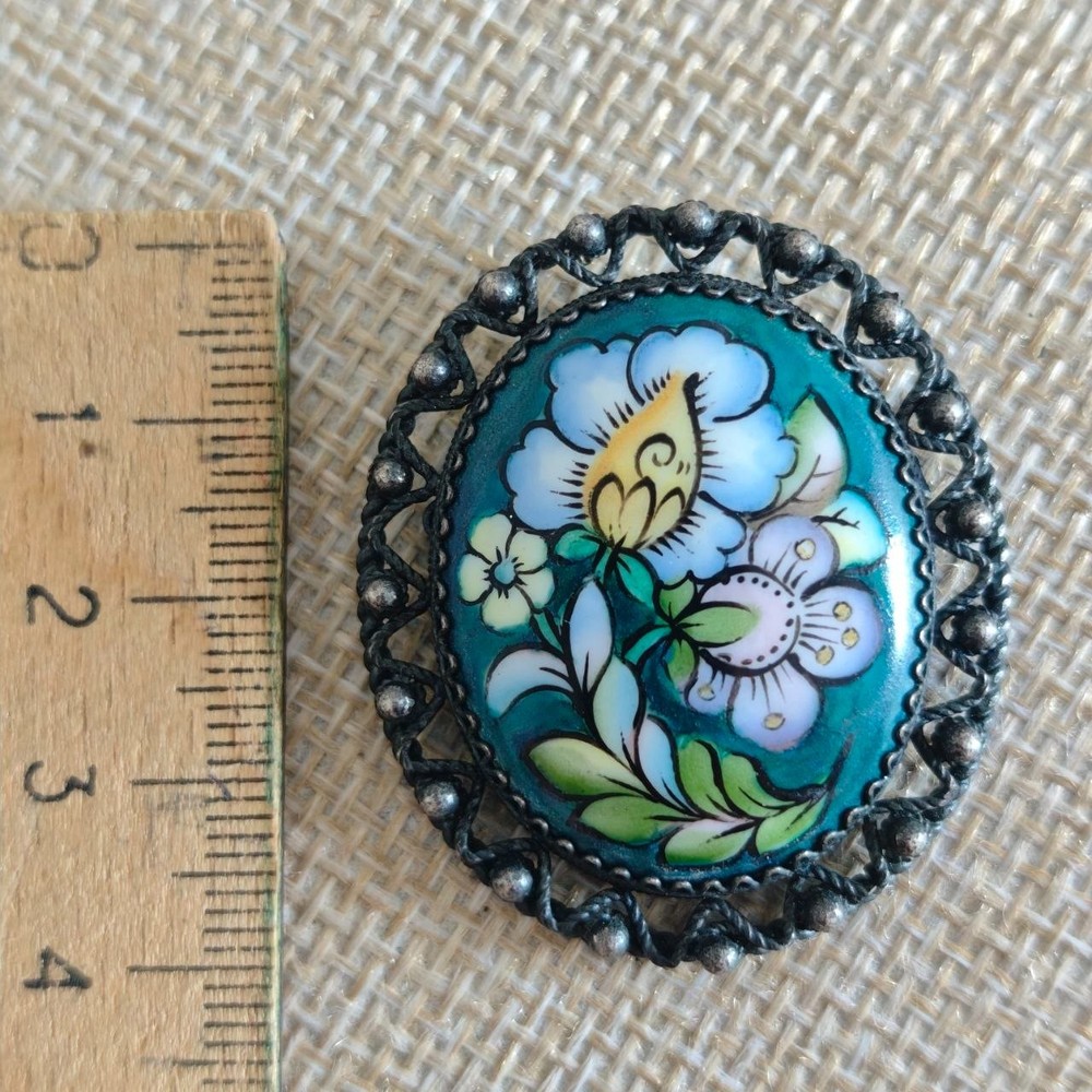 Vintage Soviet Finift Enamel Brooch Hand Painted Floral Oval Pin Filigree Frame