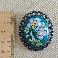 Vintage Soviet Finift Enamel Brooch Hand Painted Floral Oval Pin Filigree Frame