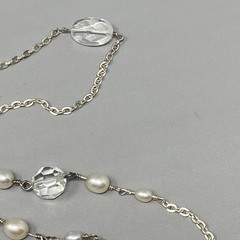 Silver Tone Chain Necklace Clear Glass Beads Faux Pearl Leaf Station Endless 31″