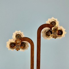 Vintage Coro White Soft Plastic Flower Earrings AB Rhinestone Lacy Triple Floral