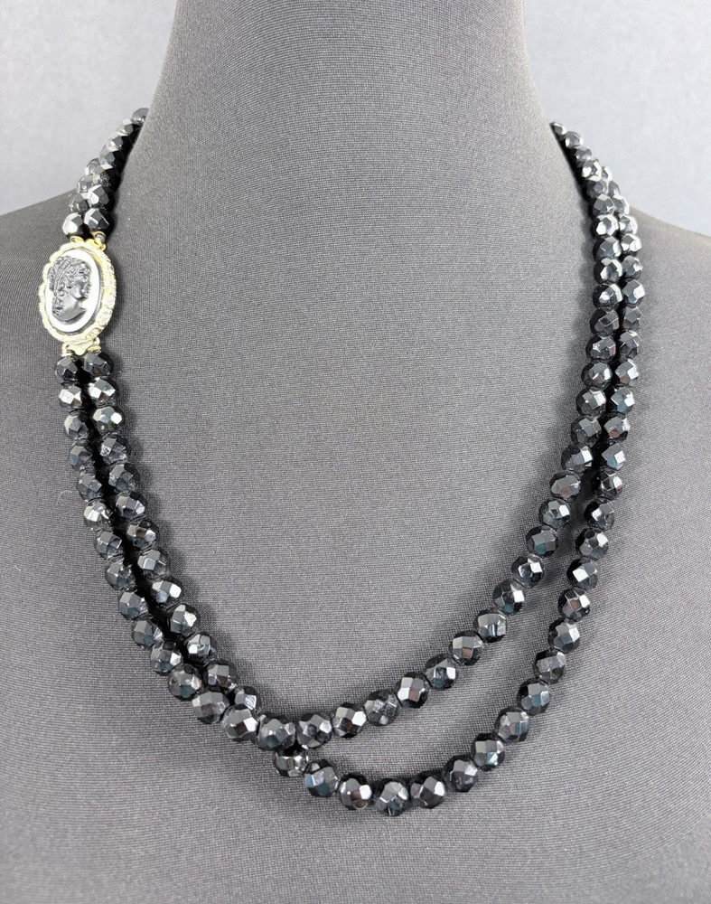 Black Glass Beaded Necklace Double Strand Cameo Clasp Art Deco French Jet Vtg