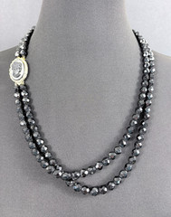 Black Glass Beaded Necklace Double Strand Cameo Clasp Art Deco French Jet Vtg