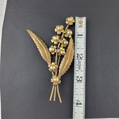 Vintage Floral Spray Gold Tone Metal With Faux Pearl Aged Patina READ