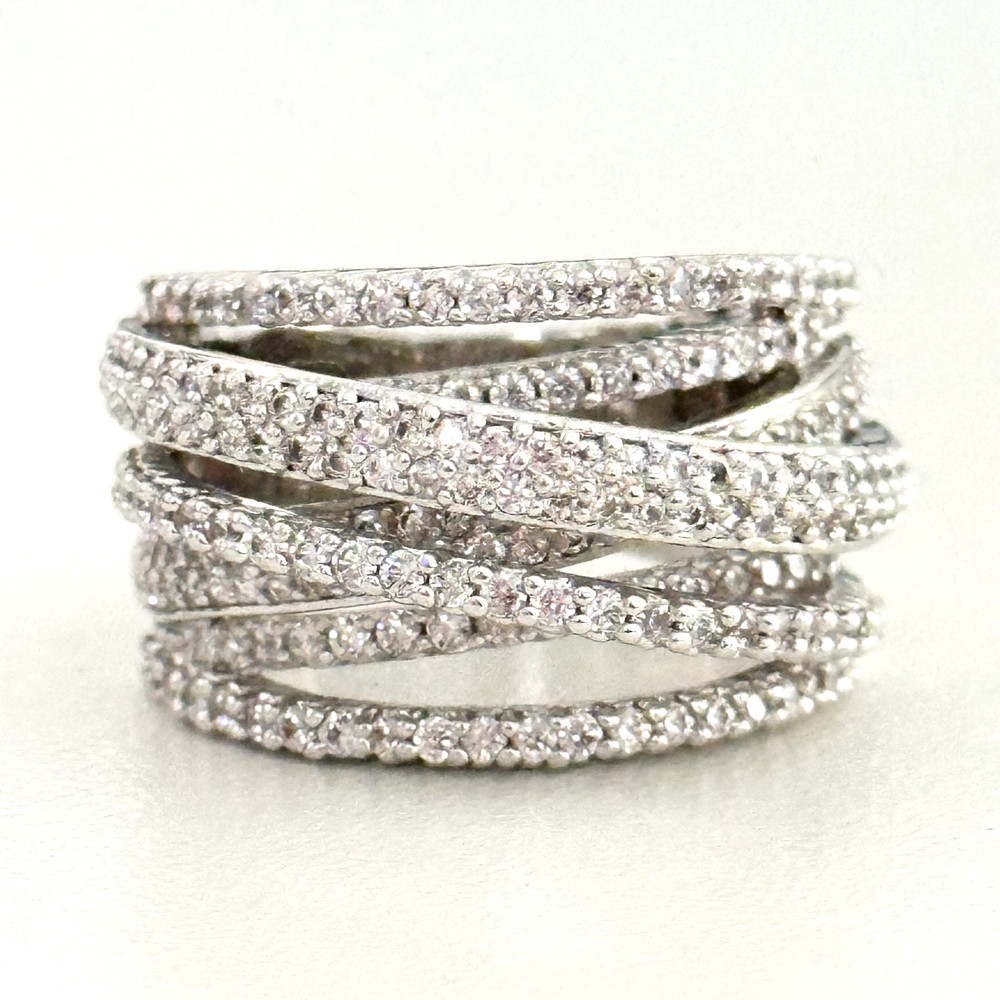 Ladies Clear CZ Multi Row Free Form Wrap Silver Tone Statement Ring Size 6