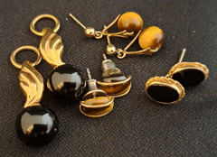 Vintage Tiger’s Eye and Onyx Black Glass Post Earrings & Earring Dangles Lot