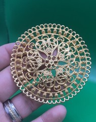 Vintage 1960’s Round Reticulated Domed Russian Gold Tone Runway Statement Pin 3″