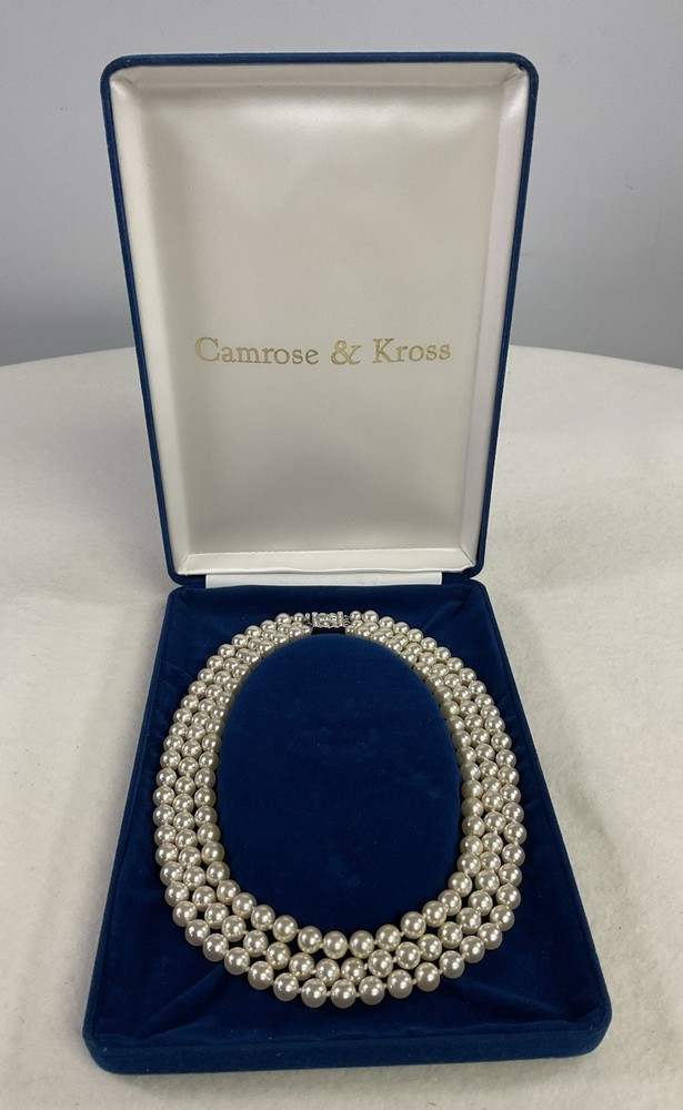 Camrose & Kross Jacqueline Kennedy Triple-Strand Faux Pearl Necklace Box & COA
