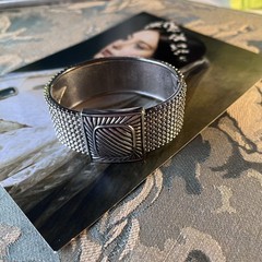 Vtg Brutalist Silvertone Hinged Cuff Bracelet -Textured – Modernist – Size 6.75”