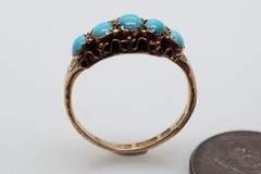 ANTIQUE VICTORIAN ENGLISH 15K GOLD NATURAL TURQUOISE 5 STONE RING c1870