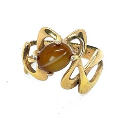 VTG 18KT HGE Gold Plate Ring Tiger Eye Art Nouveau Abstract MCM Retro Size 6.25