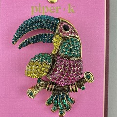 VTG Piper.k Toucan Bird Brooch Glass Stones Pink Yellow Blue Green On A Limb 3″