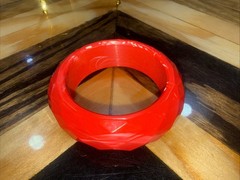Vintage Red faint white swirl Faceted Bakelite Bracelet Bangle 3.58” wide .99 h