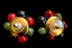Vintage Multicolor Beaded Cluster Stud Earrings Red Green Navy Goldtone