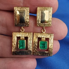 Original EARTH MINED EMERALD Deco Design Earrings Vintage Style Dangles 14K GOLD