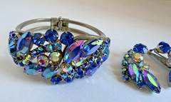 Juliana Aurora Borealis Blue Silver Tone Clamper Bracelet & Clip Earrings