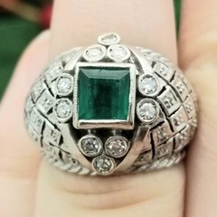 18K White Gold Large 1CT Colmbian Emerald Diamond Cocktail Dome Ring-1960s