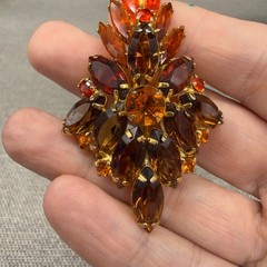 Vintage Brooch Marquise Amber Orange Brown Rhinestones 2.75 Inches