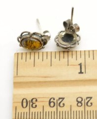 Vintage Sterling Silver Oval Amber Pierced Post Stud Earrings Scroll Framed