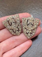 Antique Vintage Silver Plated Pot Metal & Pave Crystal/Rhinestone Dress Clips