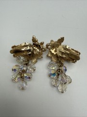 Gold Tone Maple Leaf Clear AB Crystal Dangle Bead Clip On Earrings