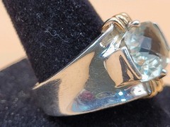Vintage Sterling Silver 925 Large Cushion-Cut Aquamarine & Gold Accents Size 8.5