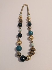 Designed By Paula Vintage Green & Gold Acrylic Bead Textured Necklace 20″. BOHO