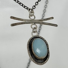 Vintage J+I Artisan Sterling Silver 925 Oval Bezel Aquamarine Pendant Necklace