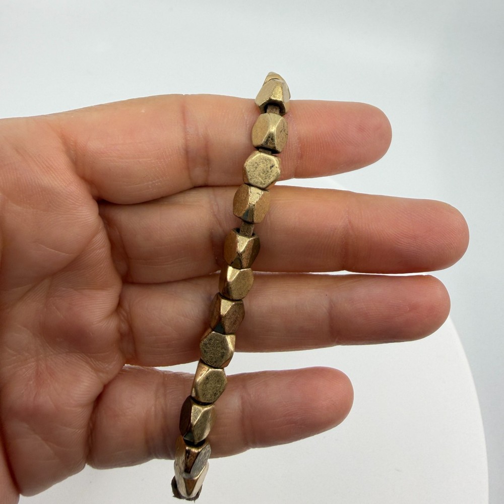 Boho Stackable Hexagon Brass Tone Bead Bracelet Adjustable Cord Earthy Gift Idea