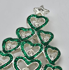 Christmas Tree Brooch Silver Tone Green Glitter Heart Clear Crystal Pin Holiday