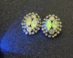Vtg Uranium Glass Clip On Earrings Marquise Shape w/ 2 Main Stones Uranium