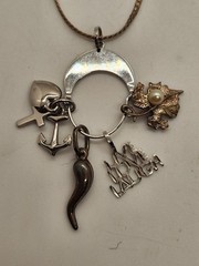 Vintage 925 Chain w/Charm Holder Pendant an 925 Charms Horn, Leaf, Cross Heart